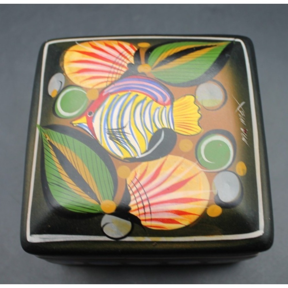 Vintage Hand Painted Mexican Folk Art Trinket Box Signed MA. Mex Square Ceramic